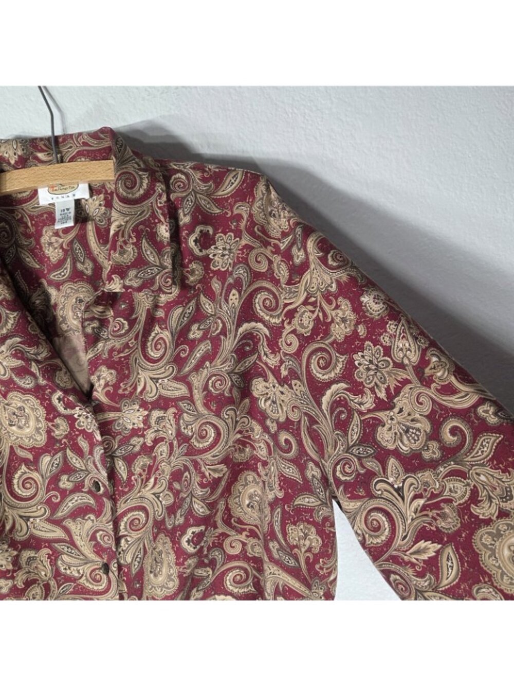 Vintage Talbots 18W Silk Wool Button Down Shirt 90s Pasley Burgundy Tan - Picture 8 of 16